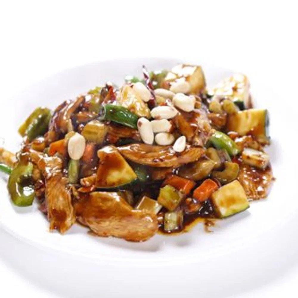 Kung pao chicken stir‑fried with peanuts and mixed veggies at Golden Dragon Restaurant, a Chinese Restaurant in East Troy